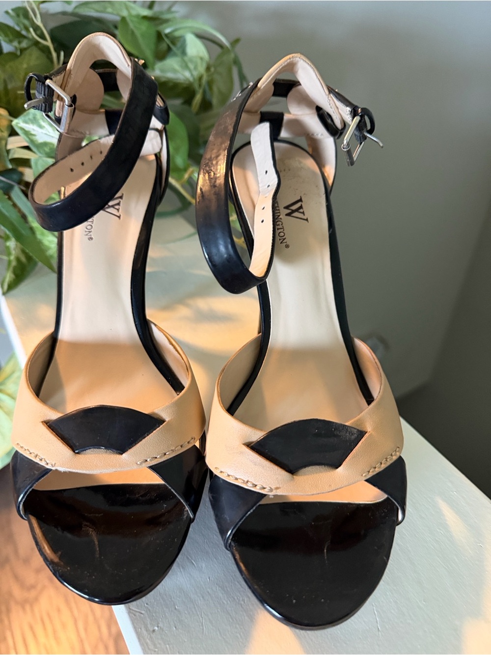 Worthington Two-Tone Black and Beige Ankle-Strap Heels